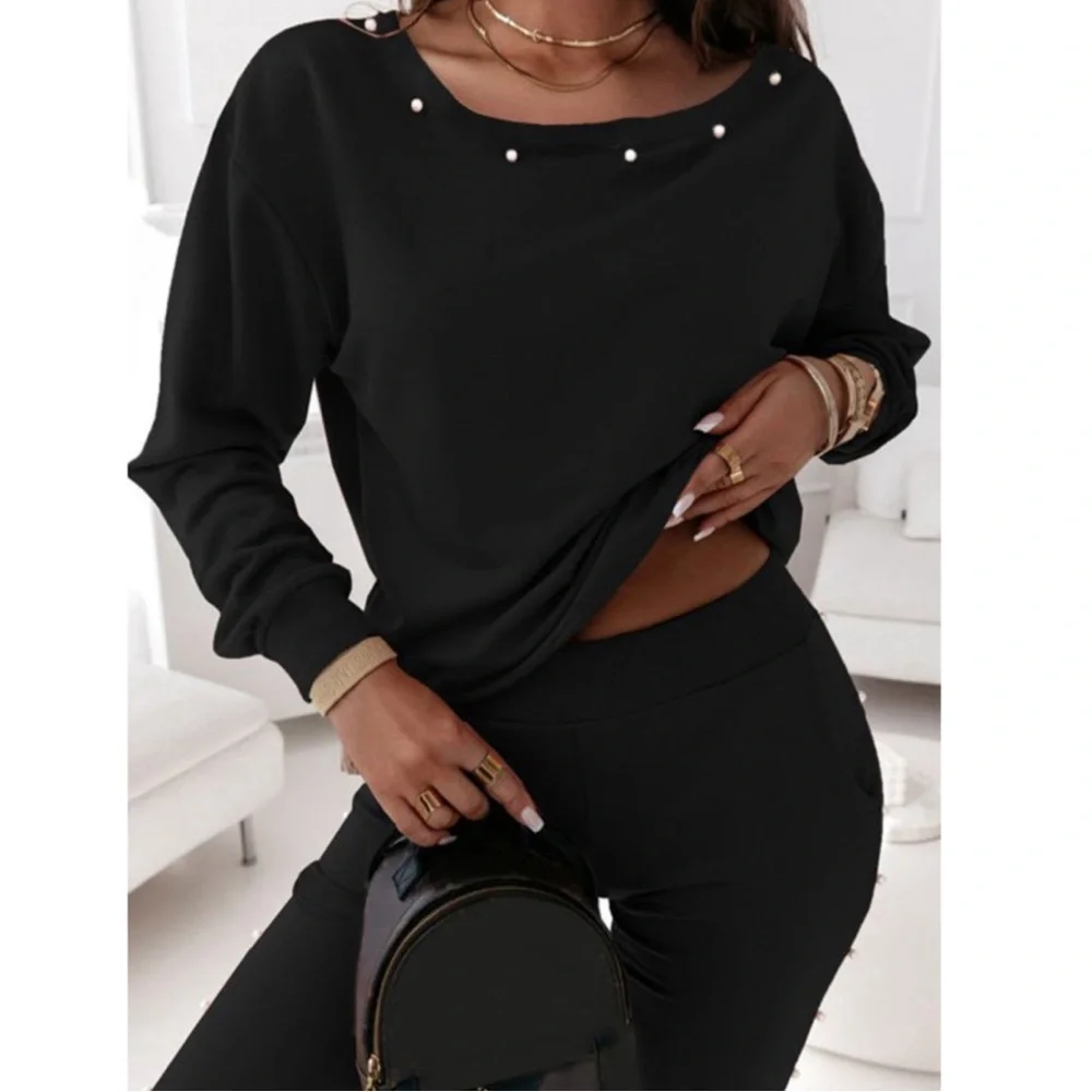 Black Pearl Beaded off the Shoulder  Jogger Set - Picture 4 of 6